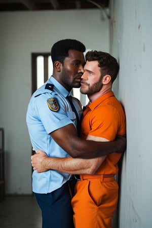 Score_9_up, score_8_up, score_7_up, (2men), rating_explicit, interracial gay couple, two handsome hairy chested fit men, 1man white policeman in uniform, 2man african (black skin) prisoner in orange suit, very hairy-chested, hairy arms, hairy body, hairy legs, masculine, in prison, masterpiece, best quality, hyperrealistic, high quality photoshoot, highly detailed face, highly detailed eyes, big bulges, cuddling