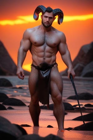 score_9, score_8_up, score_7_up, BREAK male focus, 1man, hairy chested, hairy legs, hairy arms, hairy body, incubus, curled horns, dark sand, chitin armor, loincloth, leather whip, underworld beach, lava pool, red illumination, black iron, 4K, realistic