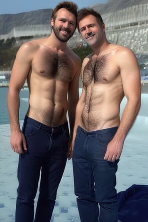 Two hairy chested men, shirtless 