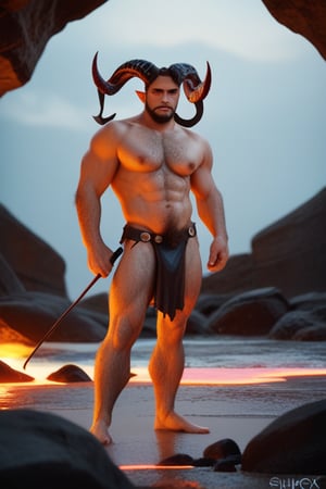 score_9, score_8_up, score_7_up, BREAK male focus, 1man, hairy chested, hairy legs, hairy arms, hairy body, incubus, curled horns, dark sand, chitin armor, loincloth, leather whip, underworld beach, lava pool, red illumination, black iron, 4K, realistic