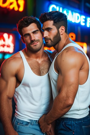 score_9, score_8_up, score_7_up, score_6_up,  (2men), rating_explicit, bara, portrait of a muscular fit male couple, interracial couple, male couple, hairy-chested, hairy arms, hairy body, hairy legs, masculine, fit daddies, wearing a white tank top, denim shorts, looking at viewer, with a rainbow flag, on a pride parade, neon lights, night time, male focus, male only, rimming, lowered shorts 