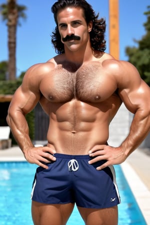 (Full body:1.4), (very low angle:1.5), raw photography of A man standing next to a swimming pool in an old outdoor communal natatorium, (hands resting on his waist:1.2). 35yo, handsome, (head turned to the side:1.2),  well groomed symmetrical  mustache, bodybuilder with flat stomach, strong legs, thick calves, nice big feet,  wearing a swim trunk, (barefoot:1.2), size 14 feet,(hairy body:1.4), hairy stomach , treasure trail,  (hairy chest:1.6), hairy legs, (((very hairy chest))), ((HAIRY body))), Hairy legs, hairy arms, masculine, long curly hair 