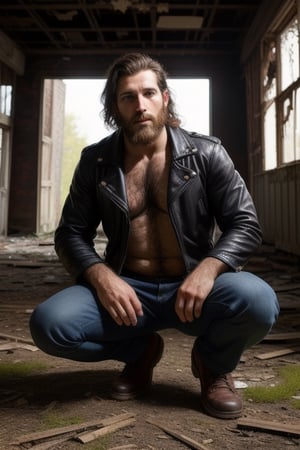 photo of a man, one knee, hairy body, long bushy beard,in an abandoned place, leather jacket, hairy, abandoned place background, realistic, highly detailed, realistic eyes, intricate details, detailed background, depth of field