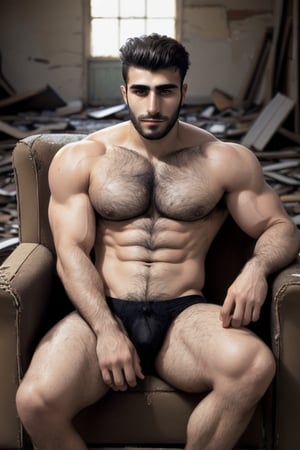 A handsome hairy chested fit Syrian man in a abandoned place, Sitted on An armchair, hairy-chested, hairy arms, hairy body, hairy legs, masculine, wearing briefs