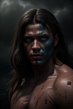 Conan the Barbarian, black long hair, dirt skin, blue eyes, black battle makeup, (dark mood masterpiece Oil on canvas by Gerald Brom),high quality, 8K Ultra HD, full depth of field and realistic textures, colorful, atmospheric haze, highly detailed, moody, epic, color graded, atmospheric lighting, imperfections, natural