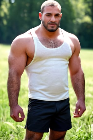 Score_9_up, score_8_up, score_7_up, two handsome hairy chested fit farmers Harvesting hay in a field in Tuscany, hairy-chested, hairy arms, hairy body, hairy legs, , masculine, tanktop, shorts, alpha man, dominator, variable pose, very high quality photoshoot, realistic, highly detailed skin, highly detailed hair