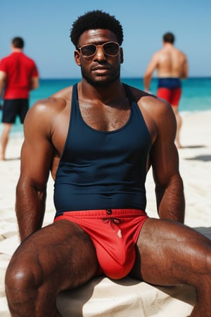 Score_9_up, score_8_up, score_7_up, (1man), black African man, (black skin) very hairy-chested, hairy arms, hairy bodies, hairy legs, masculine, lifeguard, on a crowded beach, sunglasses, muscled, sexy, sitting on a surveillance rower, big bulge, in swimsuit, masterpiece, best quality, hyperrealistic, high quality photoshoot, highly detailed face, highly detailed eyes, touching his bulge 