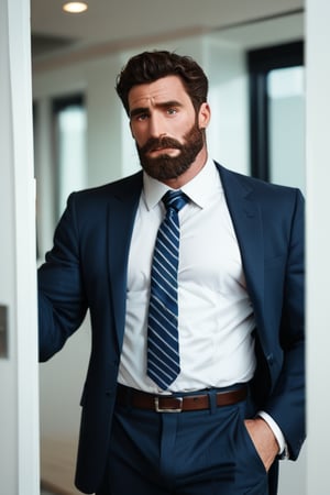 Score_9_up, score_8_up, score_7_up, male focus, rating_explicit, beefy man, beard, office suit, big bulge, On the edge of the door, very embarrassed and surprised expression, highly detailed, hairy-chested, sexy, hyperrealistic, masculine, manager, 