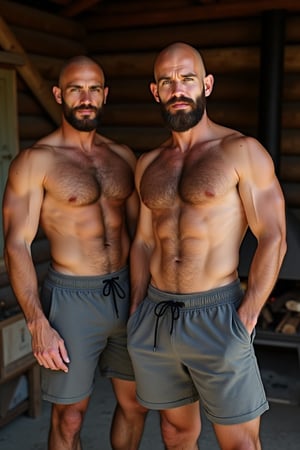 Highly detailed, rawphoto, GS-Musculine, Malefocus, 2men, (two hairy:muscular:egyptian men), blue-eyes, wide jaw, (hairymusclecub++). 45 years old handsome lumberjack rugged man, pajamas shorts , bald, beard, in a cabin wood in front of fireplace, full body view, warm sunny day, hand on his abs,hairy-chested, hairy arms, hairy body, hairy legs, masculine 