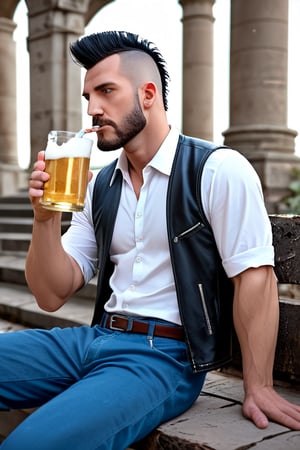Score_9_up, score_8_up, score_7_up, (1man), mohawk, black hair, beard, he is wearing leather vest and blue jeans shorts, post-apocalypse, stiting on a bench, drinking beer and smoking, ruins, runed metropolis, masterpiece, best quality.
