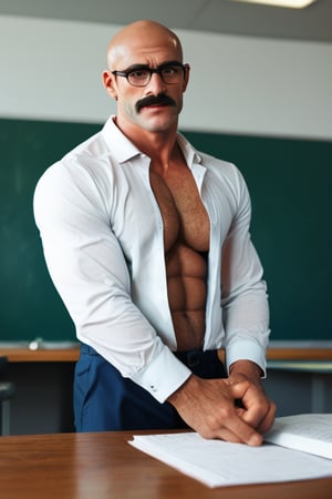 score_9, score_8_up, score_7_up, score_6_up, male focus, bara, close up portrait of a hairy chested fit muscular fit 50 yo daddy, bald, white moustache, unbuttoned shirt, Very tight trousers, teacher, glasses, hairy body, hairy chested, hairy arms, masculine, perfect eyes, male focus, male only, sitted on his desk chair, masturbation, hand grabbing his huge cock, sexy, hot, handsome, lustful, erotic, jet ejaculation, variable pose 