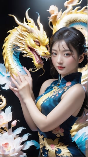 //quality
masterpiece, best quality, aesthetic, 
//Character
1girl, (large breasts:1.1), 
beautiful detailed eyes, big eyes, bun hair
//Fashion
The girl, dressed in a (Cheongsam adorned with a golden dragon on a black background:1.0), exudes elegance and mystery in her beautiful appearance. Her hair is black and glossy, styled elegantly. Her expression is gentle, with a constant smile that seems to bring happiness to those around her. The Cheongsam fits her body perfectly, with intricate dragon patterns delicately drawn throughout(Glowing slightly). 
girl holding (big fan adorned with a golden dragon on a black background),Waving a fan with dragon patterns embroidered on it
//Background 
(watercolor:0.6),Close-up Pussy,SelectiveColorStyle,1 girl ,solo,dreamgirl