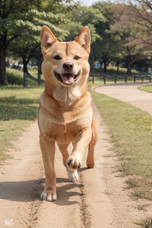 Here is the translation of the instructions into English:

Draw a Shiba Inu:
"Draw an energetic fat Shiba Inu on the canvas, capturing its excitement and running motion. Pay attention to its ears, tail, and unique facial features."

Set the park background:
"Create a background depicting a park around the Shiba Inu. Draw trees, grass, and possibly a pathway or road. Add details such as flowers, butterflies, or other park elements to enhance the liveliness.

 Convey the running action:
"Add a sense of speed and running motion to the Shiba Inu's action. Pay attention to drawing its limbs and body posture to show it running quickly in the park.