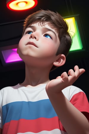 a boy playing Switch on his hand, look up to the camera, bright, medium shot, colourful 