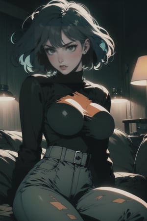 1girl, solo, long hair, blue hair, bobcut, bangs, ((green eyes)), large breasts, interior, (morning),morning sky,living_room,couch, leather (black leotard),(leotard_under_clothes:1.2),(orange cropped_jacket ) , (denim (high-waist jeans), high-waist_pants), , score_9, score_8, score_7, score_6, retro, (cyberpunk), (close-up),cowboy_shot ,sad look,,dynamic pose,(sitting:1.2), masterpiece, best quality, amazing quality, very aesthetic, absurdres, depth of field,retanime,knva,halftone effect,retro artstyle