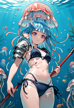 score_9, score_8_up, score_7_up, a ((jellyfish_girl:1.5)), ((jellyfish head:1.5)), jellyfish hair, long_sideburns , (bikini_armor:1.5) , ((holding_polearm)) , siren, underwater, fish_ears, head_fins, (extra_arms:1.3), (swimming:1.5), scylla, from_below,wide_shot, (see-through_body:1.2)
