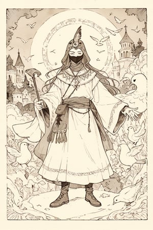 fairy tale illustrations,Simple minimum art, 
myths of another world,
pagan style graffiti art, aesthetic, sepia, ancient Russia,
A male shaman,(wearing a pidgeon-faced mask),