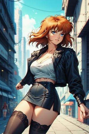 1girl, solo, medium hair, orange hair, bobcut, bangs, ((blue eyes)), large breasts, apartment building, exterior, (street:1.2), market, morning sky, , white tank_top,(leather jacket:1.4), black (microskirt), (sheer thighhighs),(morning), , score_9, score_8, score_7, score_6, retro, cyberpunk, (close-up),cowboy_shot ,determined look,covered shoulders,dynamic pose,running,
masterpiece, best quality, amazing quality, very aesthetic, absurdres, depth of field