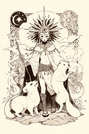 fairy tale illustrations,Simple minimum art, 
myths of another world,
pagan style graffiti art, aesthetic, sepia, ancient Russia,
A male shaman,(wearing a ferret-faced mask),