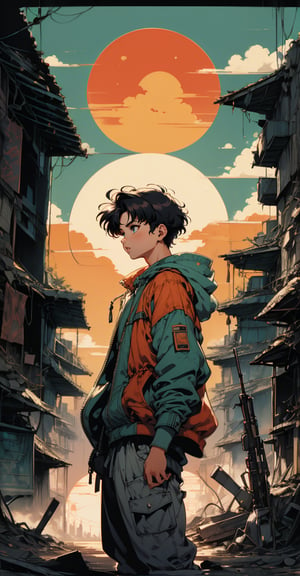 Retro-styled illustration of a lone, short-haired boy with bangs, dressed in post-apocalyptic attire, carrying a rifle and exuding determination. Against the backdrop of a ruined city, now reclaimed by vegetation, he stands out against the warm orange hues of the setting sun. The halftone effect adds texture, while the Ghibli-inspired anime style captures the nostalgic essence of 1980s-1990s animation. Solarpunk undertones evoke hope and resilience in the face of desolation.

The background ruins are filled with vegetation.