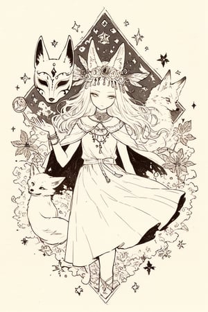 fairy tale illustrations,Simple minimum art, 
myths of another world,
pagan style graffiti art, aesthetic, sepia, ancient Russia,
A female shaman,(wearing a fox-faced mask),