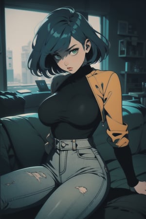 1girl, solo, long hair, blue hair, bobcut, bangs, ((green eyes)), large breasts, interior, (morning),morning sky,living_room,couch, leather (black leotard),(leotard_under_clothes:1.2),(orange cropped_jacket ) , (denim (high-waist jeans), high-waist_pants), , score_9, score_8, score_7, score_6, retro, (cyberpunk), (close-up),cowboy_shot ,sad look,,dynamic pose,(sitting:1.2), masterpiece, best quality, amazing quality, very aesthetic, absurdres, depth of field,retanime,knva,halftone effect,retro artstyle, (colorful)