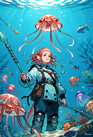 score_9, score_8_up, score_7_up, a ((jellyfish_girl)), ((jellyfish head)), long_sideburns , fish scale armor, holding_polearm , siren clothing, underwater, fish_ears, head_fins, extra_arms, swimming, scylla, from_below,wide_shot
