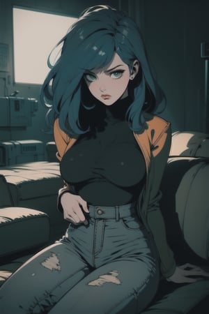 1girl, solo, long hair, blue hair, bangs, ((green eyes)), large breasts, interior, (morning),morning sky,living_room,couch, leather (black leotard),(leotard_under_clothes:1.2),(orange cropped_jacket ) , (denim (high-waist jeans), high-waist_pants), , score_9, score_8, score_7, score_6, retro, (cyberpunk), (close-up),cowboy_shot ,sad look,,dynamic pose,(sitting:1.2), masterpiece, best quality, amazing quality, very aesthetic, absurdres, depth of field,retanime,knva,halftone effect,retro artstyle, (colorful),rgbcolor,(Hands:1.1), ,better_hands