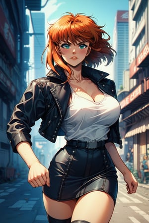 1girl, solo, medium hair, orange hair, bobcut, bangs, ((blue eyes)), large breasts, apartment building, exterior, (street:1.2), market, morning sky, , white tank_top,(leather jacket:1.4), black (microskirt), (sheer thighhighs),(morning), , score_9, score_8, score_7, score_6, retro, cyberpunk, (close-up),cowboy_shot ,determined look,covered shoulders,dynamic pose,running,
masterpiece, best quality, amazing quality, very aesthetic, absurdres, depth of field