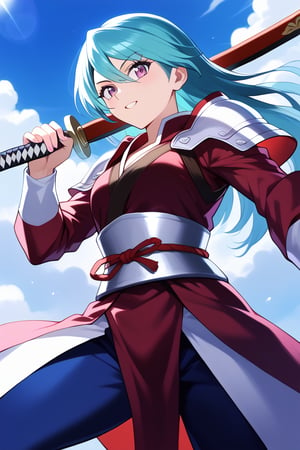 crayon,glow, A female samurai warrior charges forward, katana at the ready, in a whirlwind of motion and color. Render her with hyperrealistic detail, capturing the dynamism of her pose as she sprints through a dust cloud, her teal hair whipping behind her. Utilize a low camera angle, emphasizing her power and determination.  Bathe the scene in warm, dramatic lighting, highlighting the meticulously crafted details of her armor, billowing clothes, and the debris flying around her. A desaturated, painterly style should evoke the heat and chaos of battle.