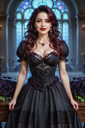 realistic, 8k, masterpiece,  Claudia an evil beautiful vampire woman, primordial, masterpiece, best quality, highres, HDR, ultra-detailed, extremely detailed CG unity 8k wallpaper, perfect artwork, intricate ornament dress. night flowers, bats, trending on artstation, WLOP, central on cgsociety, concept art with lots of arstation luxurious colors, after effects, highly hyperdetailed photorealistic, flawless colors, Ilya three point perspective, one point perspective, tilted angle, ground viewa, details, detailed, scenery