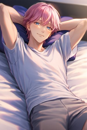 detailed anime, year 2022, 1boy, toned_male,
viewed from front, front view,
looking at the viewer, cowboy shot,
bedroom, lying down on bed, smiling, hands behind head,
white t-shirt, gray shorts, Expressiveh, pink hair with bangs, blue eyes, head on pillow