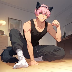 Expressiveh, BREAK,
score_8_up, score_7_up, detailed anime, year 2022, good shading, countershading,
well detailed background, bedroom, dim lights,
viewed from below, looking at the viewer,
1boy, toned_male, (hands with five fingers),
kneeling, on floor, legs spread, suggestive smile,
messy pink hair, blue eyes, black wolf ears hairband, black wolf tail, black tanktop, gray sweatpants, white socks, paw pose