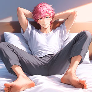 detailed anime, year 2022, 1boy, toned_male, man,
bright skin, good shading, countershading, detailed background, viewed from front, front view,
bedroom, lying on bed spread legs, smiling, hands behind head,
white t-shirt, gray sweatpants, Expressiveh, pink hair with bangs, blue eyes, barefoot