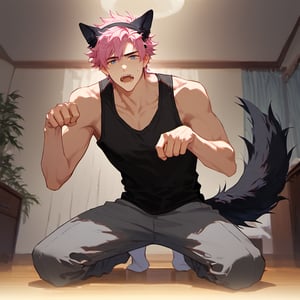 Expressiveh, BREAK,
score_8_up, score_7_up, detailed anime, year 2022, good shading, countershading,
well detailed background, bedroom, dim lights,
viewed from below, looking at the viewer,
1boy, toned_male, (hands with five fingers),
kneeling straight body, on floor, suggesstive legs spread, open mouth,
messy pink hair, blue eyes, black wolf ears hairband, black wolf tail, black tanktop, gray sweatpants, white socks, hands doing paw pose