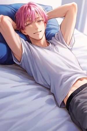 detailed anime, year 2022, 1boy, toned_male, man,
good shading, countershading, detailed background, viewed from front, front view,
looking at the viewer, cowboy shot,
bedroom, lying down on bed, smiling, hands behind head,
white t-shirt, gray shorts, Expressiveh, pink hair with bangs, blue eyes, head on pillow