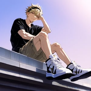 detailed anime, year 2022, 1boy, toned_male, man,
Expressiveh, looking at the viewer, viewed from below,
oversized black t-shirt, khaki shorts, white sneakers, messy slick back blonde hair,
sitting on rooftop, black hairband