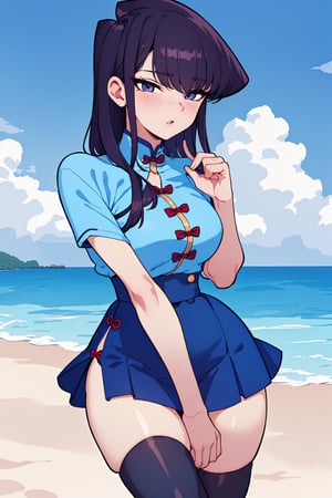 Beautiful, beautiful, high quality, highly detailed, Pose details, caricature, Physical detail, open eyes, blushing, clothing, qipao, place, beach, Komi-san by Komi-san can't communicate, Komi-san,skirt,thighhighs,blue shirt,ShokoKomidef,komi_shouko 