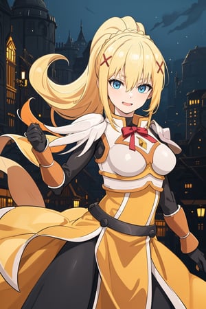 Beautiful, beautiful, high quality, highly detailed, pose details, caricature, physical detail, open eyes, yellow hair, clothing, armor, place, city, darkness, Konosuba ,1girl, long hair, blonde hair,Blue eyes 