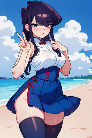 Beautiful, beautiful, high quality, highly detailed, Pose details, caricature, Physical detail, open eyes, blushing, clothing, qipao, place, beach, Komi-san by Komi-san can't communicate, Komi-san,skirt,thighhighs,blue shirt,ShokoKomidef,komi_shouko 