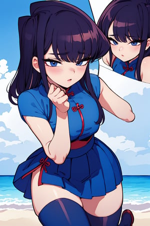 Beautiful, beautiful, high quality, highly detailed, Pose details, caricature, Physical detail, open eyes, blushing, clothing, qipao, place, beach, Komi-san by Komi-san can't communicate, Komi-san,skirt,thighhighs,blue shirt,ShokoKomidef,komi_shouko 