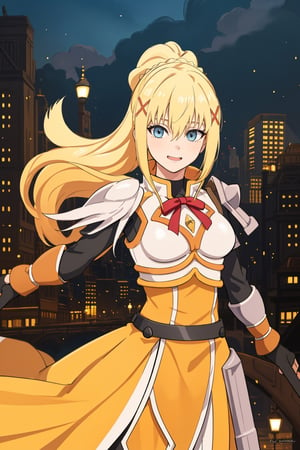 Beautiful, beautiful, high quality, highly detailed, pose details, caricature, physical detail, open eyes, yellow hair, clothing, armor, place, city, darkness, Konosuba ,1girl, long hair, blonde hair,Blue eyes 