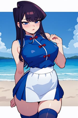 Beautiful, beautiful, high quality, highly detailed, Pose details, caricature, Physical detail, open eyes, blushing, clothing, qipao, place, beach, Komi-san by Komi-san can't communicate, Komi-san,skirt,thighhighs,blue shirt,ShokoKomidef,komi_shouko 