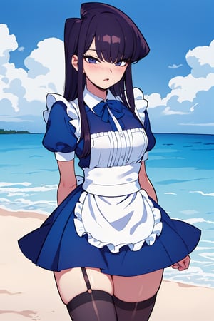 Beautiful, beautiful, high quality, highly detailed, Pose details, caricature, Physical detail, open eyes, blushing, clothing, maid, place, beach, Komi-san by Komi-san can't communicate, Komi-san,skirt,thighhighs,blue shirt,ShokoKomidef,komi_shouko 