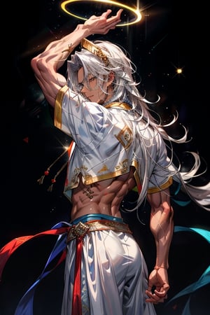 masculine_man, darker_skin, long_white_hair, jewish_clothes, white_clothes, man, golden_accents, left_short_sleeve, vibrant_colours, best_quality, older, muscular_body, long_hair, white_hair, halo_behind_head, jesus