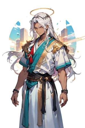 masculine_man, darker_skin, long_white_hair, jewish_clothes, white_clothes, man, golden_accents, left_short_sleeve, vibrant_colours, best_quality, older, muscular_body, long_hair, white_hair, halo_behind_head, jesus_like, older_male, standing in ancient indian city, evil