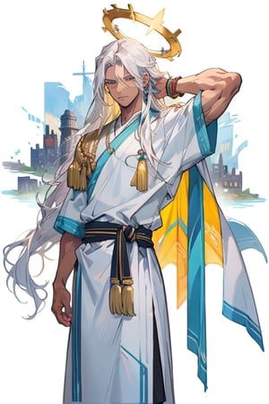 masculine_man, darker_skin, long_white_hair, jewish_clothes, white_clothes, man, golden_accents, left_short_sleeve, vibrant_colours, best_quality, older, muscular_body, long_hair, white_hair, halo_behind_head, jesus_like, older_male, standing in ancient indian city, evil