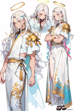 masculine_man, darker_skin, long_white_hair, jewish_clothes, white_clothes, man, golden_accents, left_short_sleeve, vibrant_colours, best_quality, older, muscular_body, long_hair, white_hair, halo_around_head
