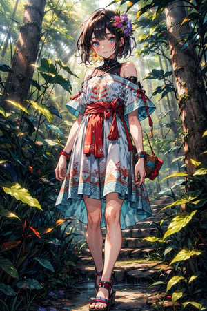 young_boy, short hair, flower mayan clothes, short sleeves, bare_shoulders, standing in forest, forest, vibrant_colours, shirt_dress
