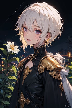 young_person, small_person, androgynous_look, flat_chest, white_hair, shoulder_length_hair, dark_eyes, uncertain_smile, very_slim, very_thin, close_up, fantasy_clothes, victorian_clothes, garden, night, dark_sky, small_body, white_robe, hermaphroditic_look, hermaphrodite, white_clothes, gold_marks, boyish_look, young_boy, tomboy, masculine_lips, masculine_features, young_male